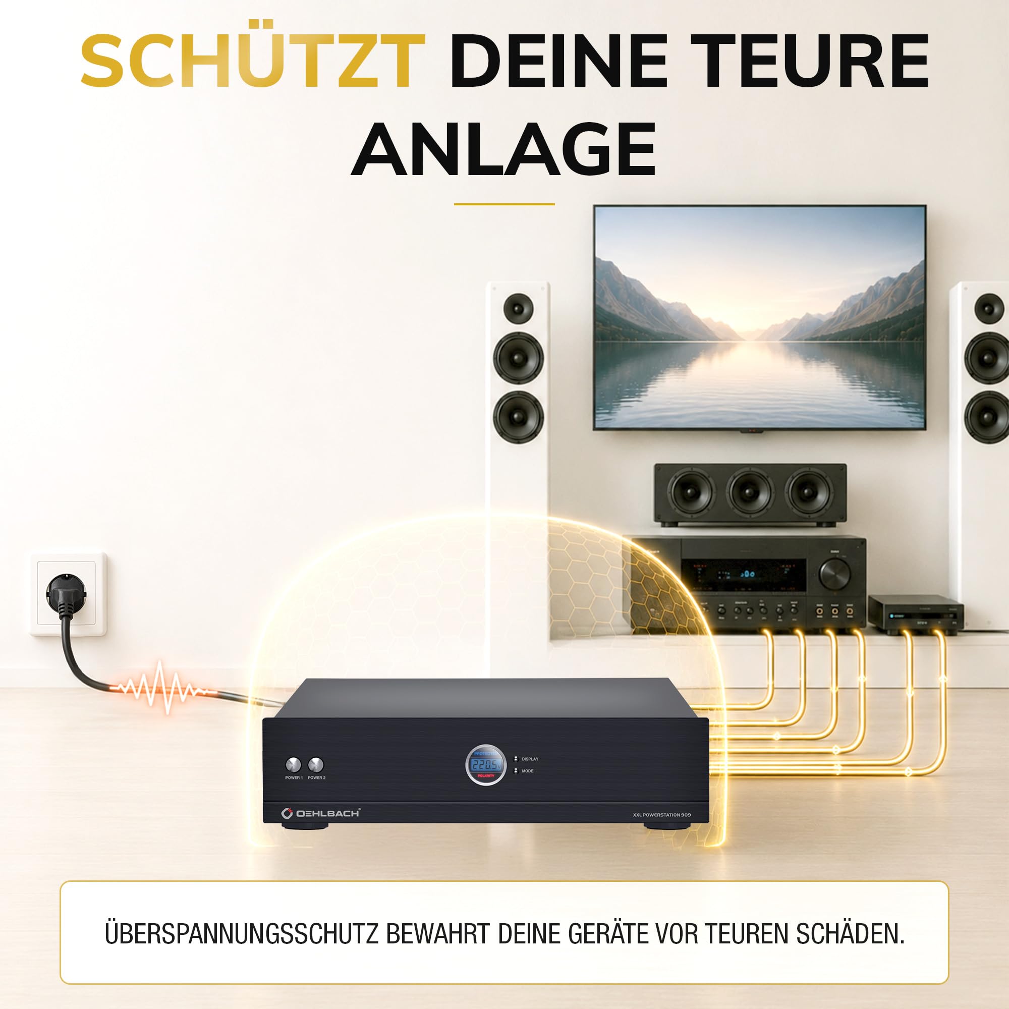 Oehlbach Powerstation 909 - Mehrfachsteckdose mit Stromfilter, Überspannungsschutz, 8 Anschlüsse, Delay-Funktion, High-End-Verarbeitung für HiFi & Heimkino, Schwarz