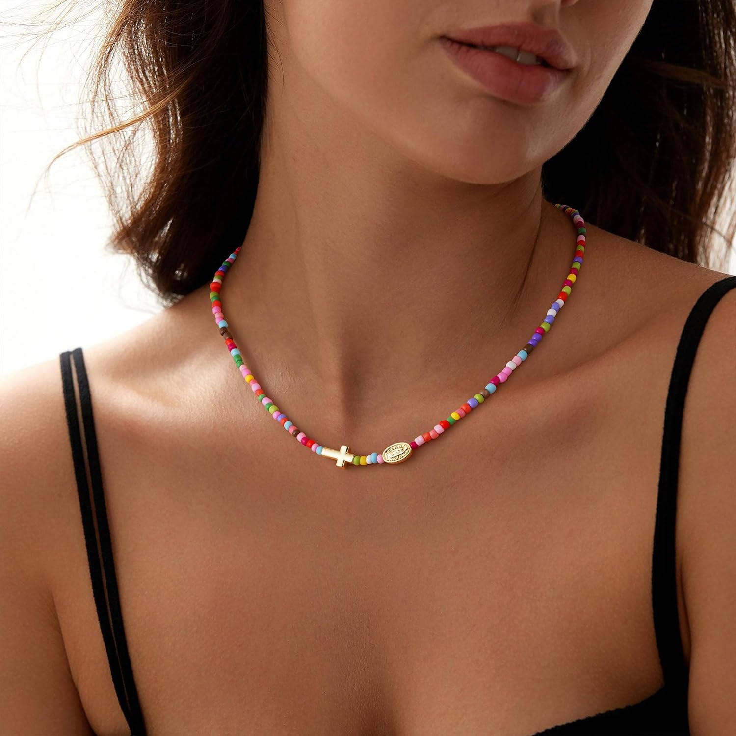 Turandoss Cross Necklace for Women - 14K Gold Plated Heart Necklace Dainty Colorful Beaded Cross Choker Necklaces for Women Trendy Holy Mary Medal Pendant Necklaces Baptism Birthday Christian Religious Gifts - Image 3