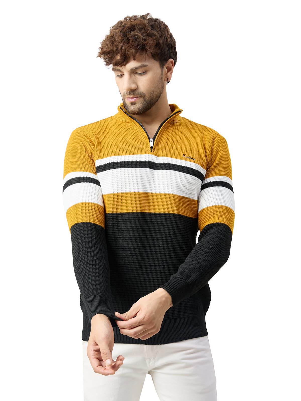 kvetoo Men High Neck Zip Full Sleeve Woolen Winter Sweater Waffle Knit Sweater-picture-21