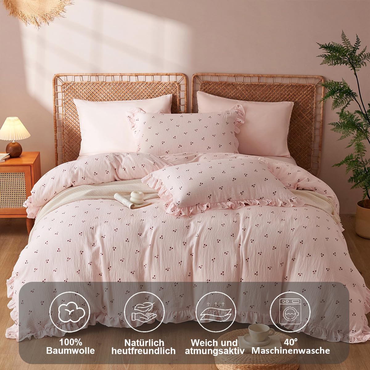 Sedefen Musselin Bettwäsche 220x240 Baumwolle Rosa Kirsche Mädchen Bettwäsche-Set mit Rüschen ÖKO-TEX Bettwäsche Musselin mit Reißverschluss, Bettbezug mit 2 Kissenbezüge 80x80 cm