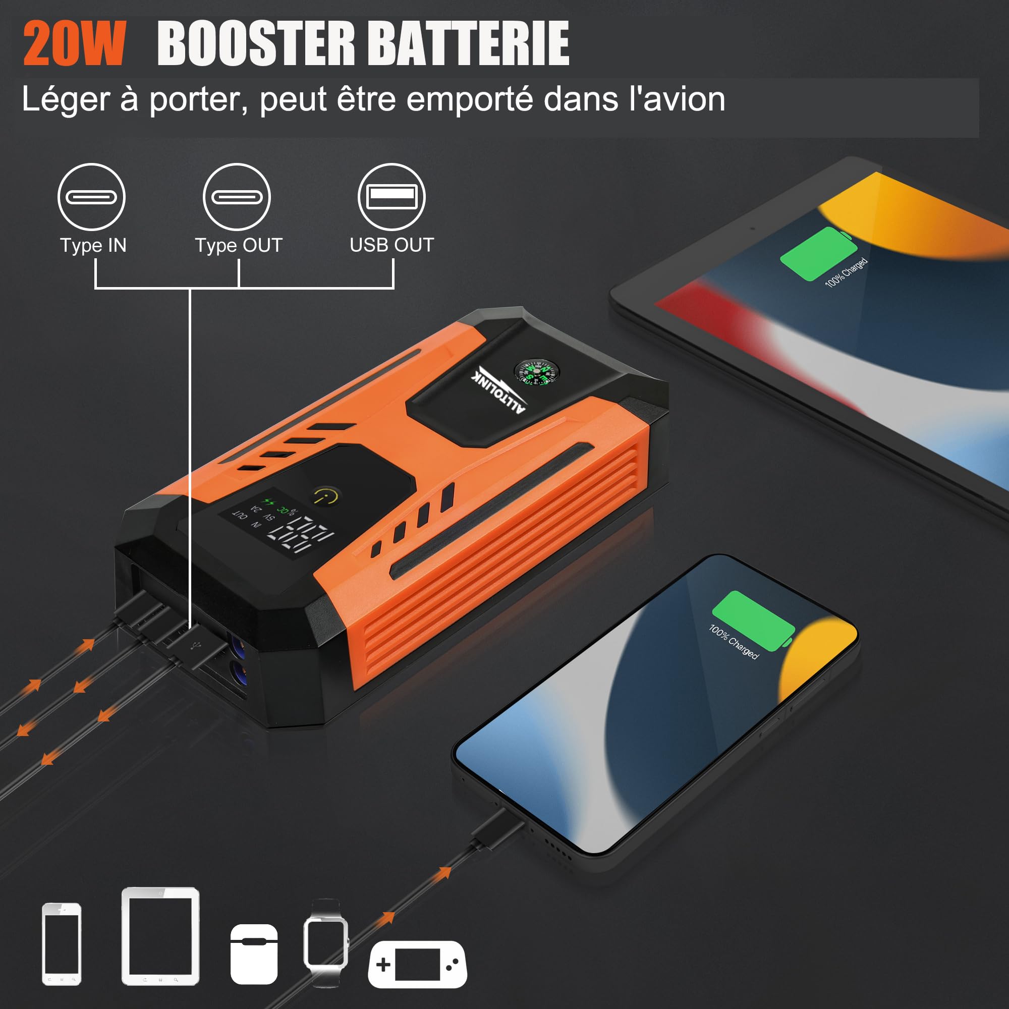 Booster Batterie Voiture 3000A 26640mWh,Charge Rapide 20W,12V Démarreur de Voiture Portable(pour Esence & Diesel), Jump Starter avec Écran, Lumière LED à 4 Modes