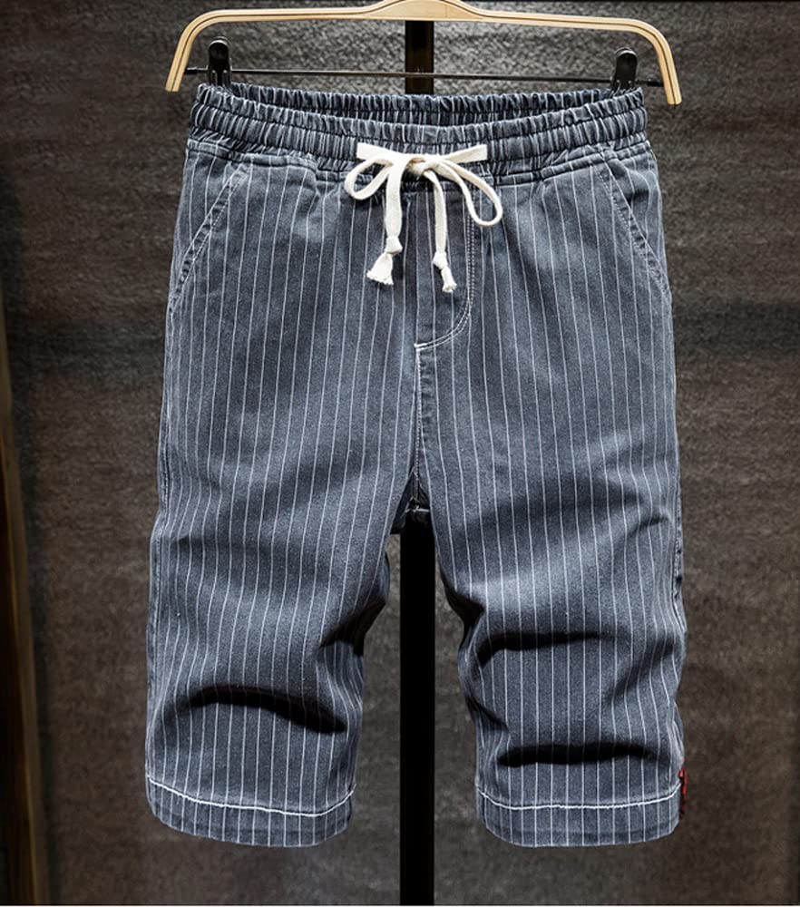 Huixin Męskie dżinsy plus size elastyczny pas w paski nadruk bermudy szorty dresowe cienkie spodenki jeansowe oversize