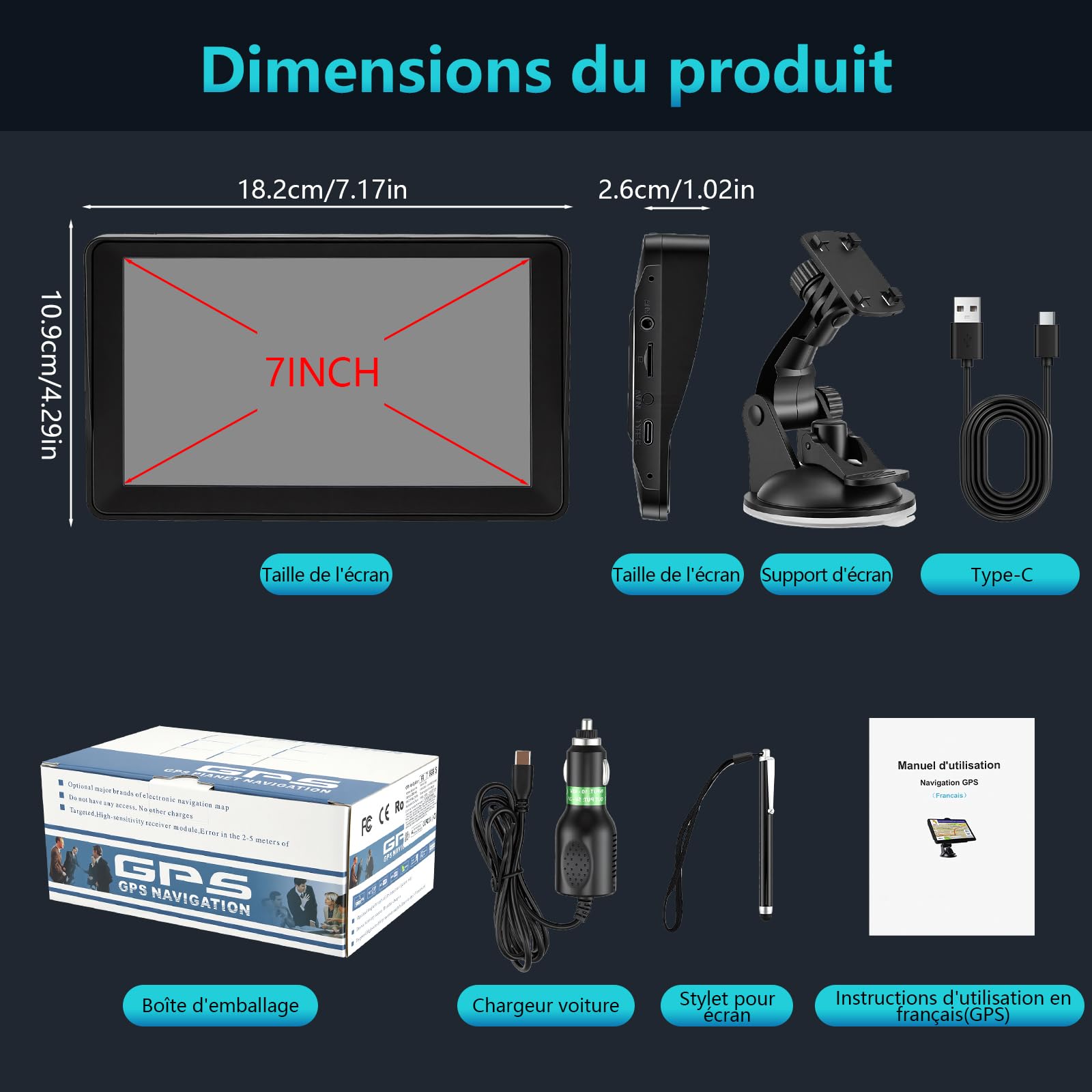 GPS Voiture, GPS Navigation Voiture 7 Pouces avec Cartes de l'europe 2025, Mises à Jour Gratuites, Points D'intérêt et Alerte de Vitesse, Guidage Vocal pour Voiture/Camion/Camping-Car