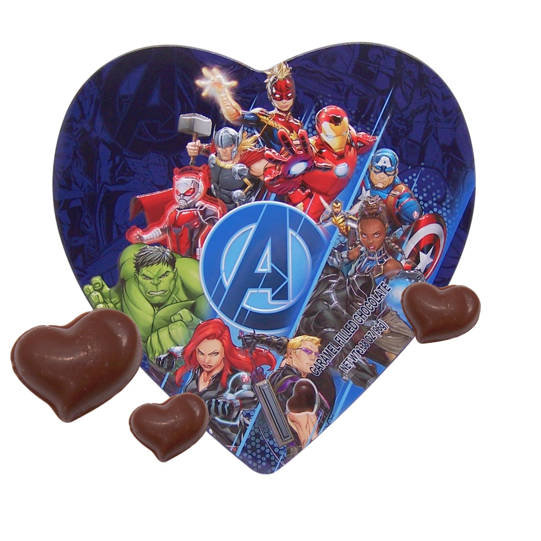 avengers valentines day tin, individually wrapped caramel filled chocolate with reusable container, 3.38 ounces