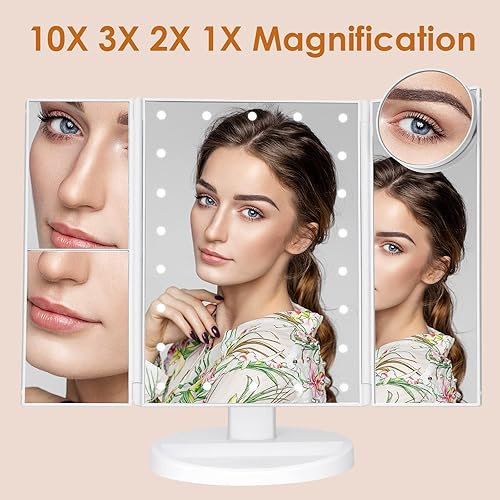 Miniatura 2 de Espejo de maquillaje con luces, espejo de brillo ajustable para baño, aumento 1X/2X/3X/10X y pantalla táctil, espejo de maquillaje triple con dos
