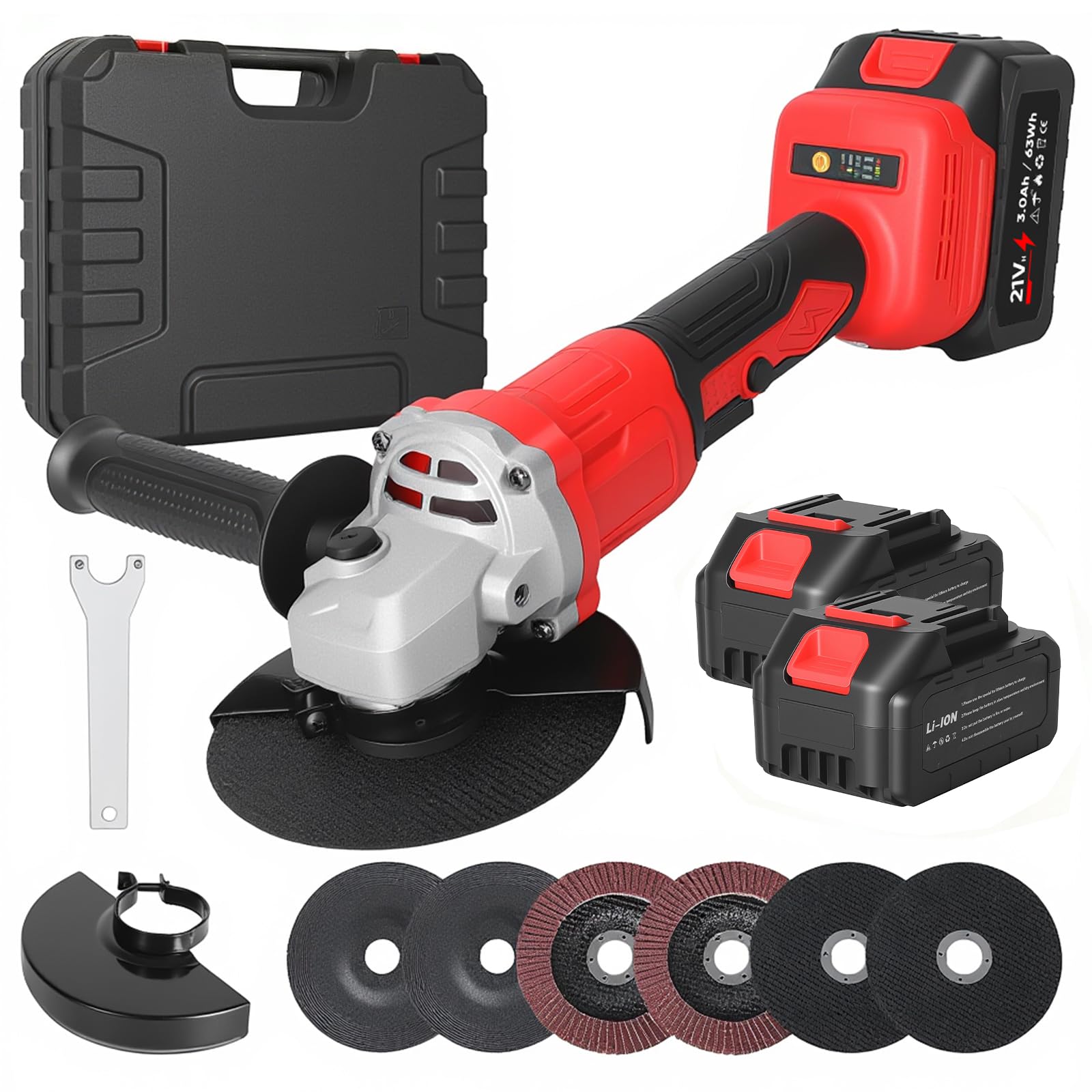 Amoladora Angular a Batería 2x 3000 mAh& Cargador Rápido, 21V, 125 mm Amoladora Angular Eléctrica sin Escobillas con 6 Discos para Cortar, 3 Velocidades, 12.000 RPM, para Cortar, Desbastar