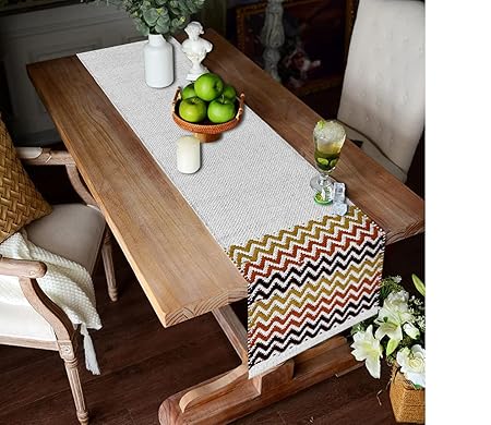 The First Home Decor Cotton Striped Hand Woven Table Runner, 6 Seater Table Runner, Heat Resistant, Modern Dining Room, Look (14 X 72 INCH) Orange Mix Abstract