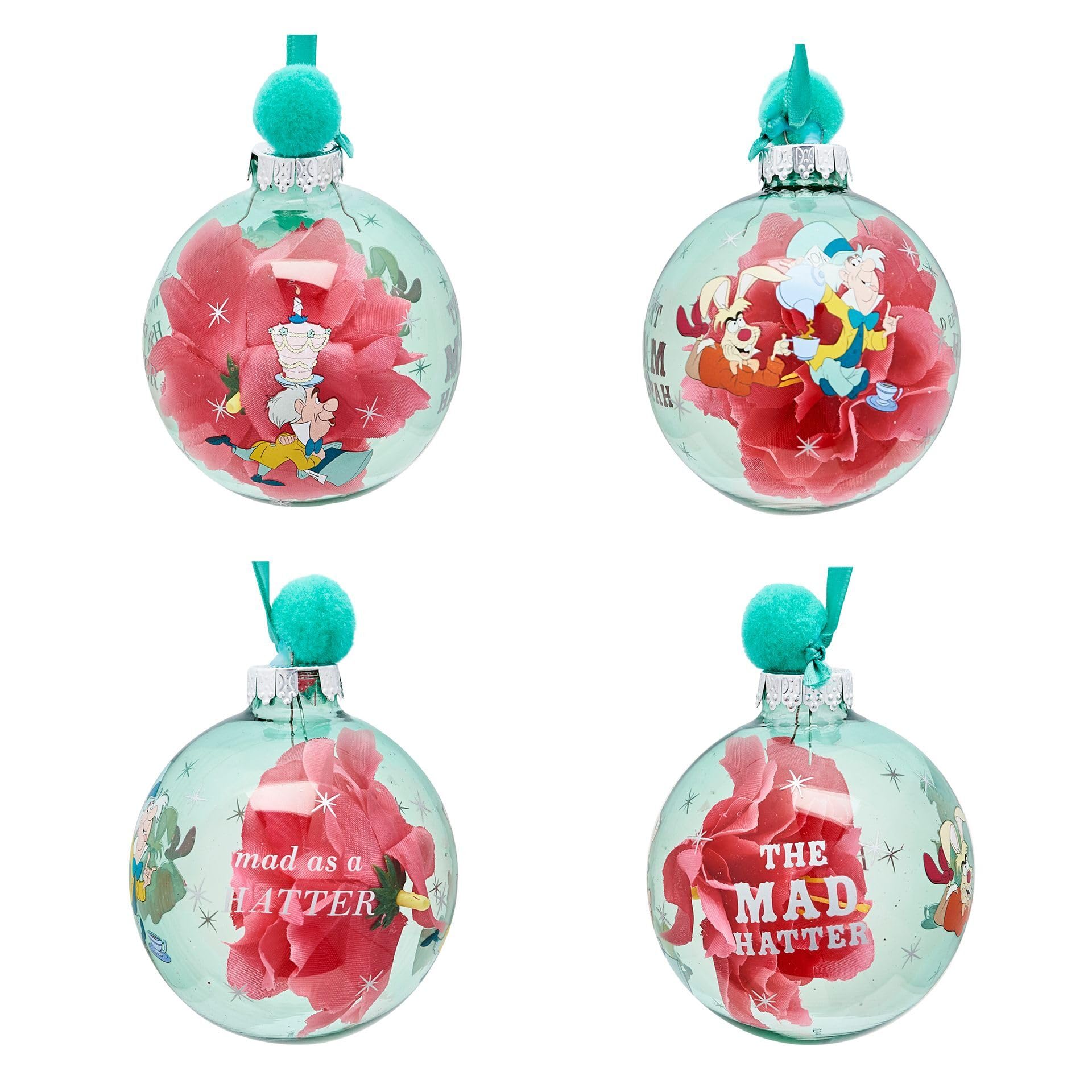 Disney – Lot de 7 boules de Noël – Alice, chat du Cheshire, Chapelier fou, lapin blanc, reine des roses, Tweedle Dee & Dum, Lapin de Pâques – Produit sous licence
