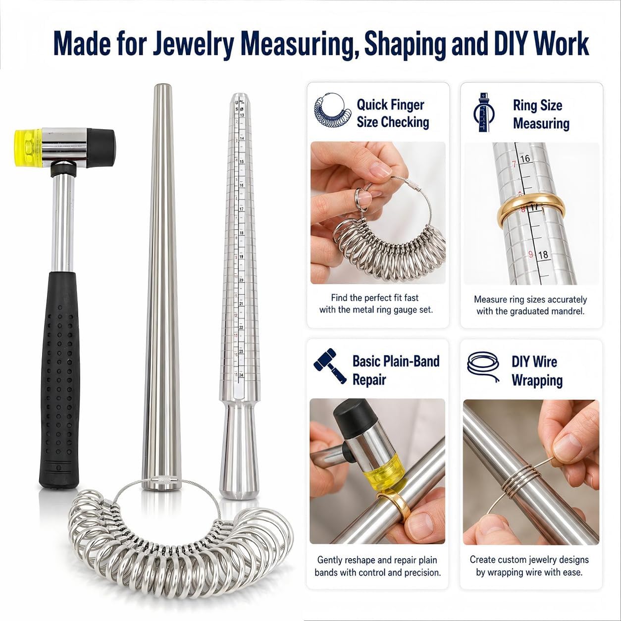 Ring Sizer Measuring Tool Ring Mandrel Set Ring Sizer Tool Ring Sizer Gauge US&UK Size Ring Mandrel Stainless Steel Rubber Jewelers Mallet Hammer