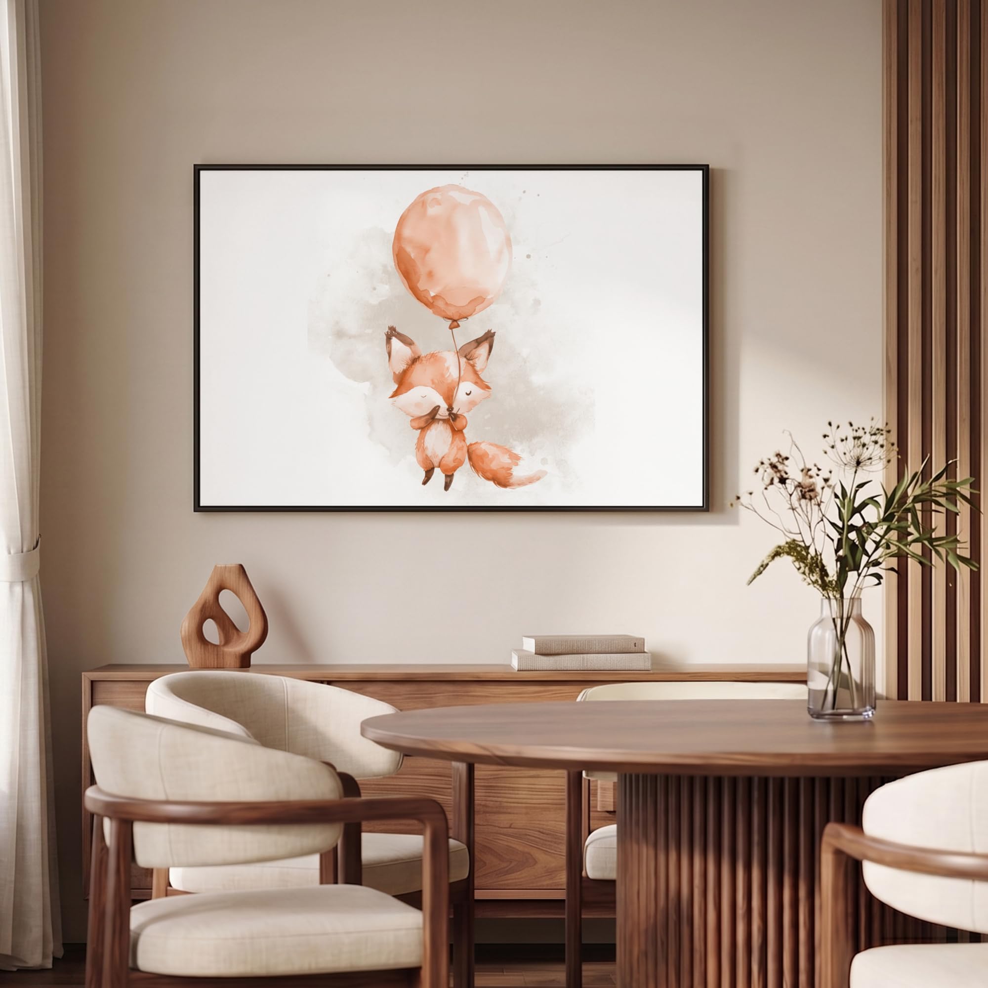 OnlyWow© Bilder Mit Rahmen Für Wohnzimmer 90x60 cm Leinwandbilder Wall Art Decoration Wand Schlafzimmer Deko Canvas Painting Fuchs - Luftballon - Aquarell - Kinder - Mädchen