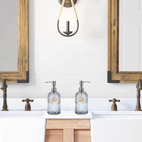 Miniatura 2 de Dispensador de jabón de vidrio con patrón de diamante de 16 onzas, dispensador de jabón recargable para cocina y baño, con bomba de acero inoxidable