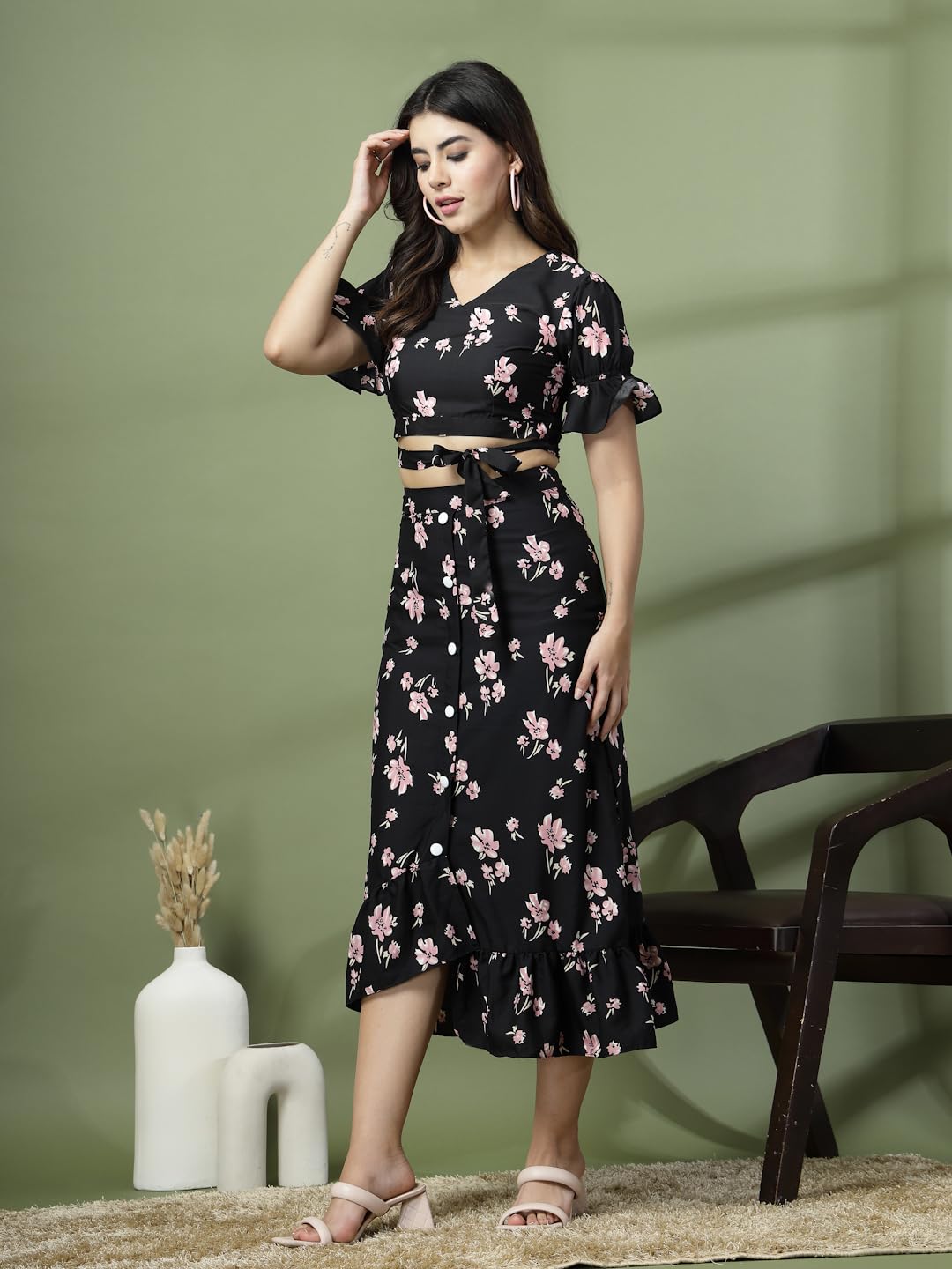 Oomph Crepe Crop Top And Skirt Set For Women, Black - Coord_Mt895Msk203
