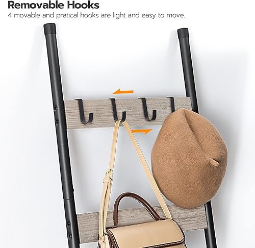 Miniatura 8 de HOOBRO Escalera para mantas, toallero de 5 niveles con ganchos, estante de manta inclinado en la pared, estante de escalera decorativo, bufandas,