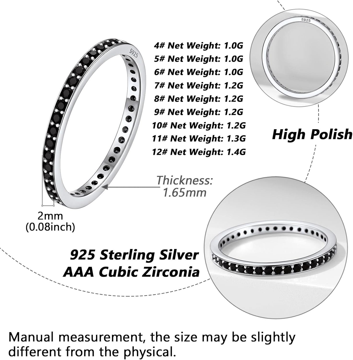 Silvora 925 Sterling Silver CZ Simulated Diamond Stackable Ring Eternity Bands for Women 2mm Wedding Band
