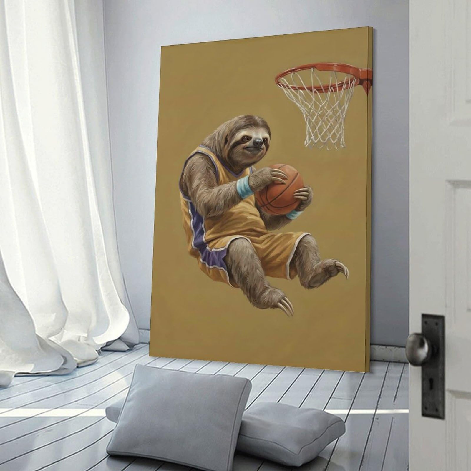 Junmoney Sloth Dunking Basketball Canvas Wall Decor, 24x36inch(60x90cm), for Office, Study Or Home Workspace, Wall Art That Adds Style to Work Areas