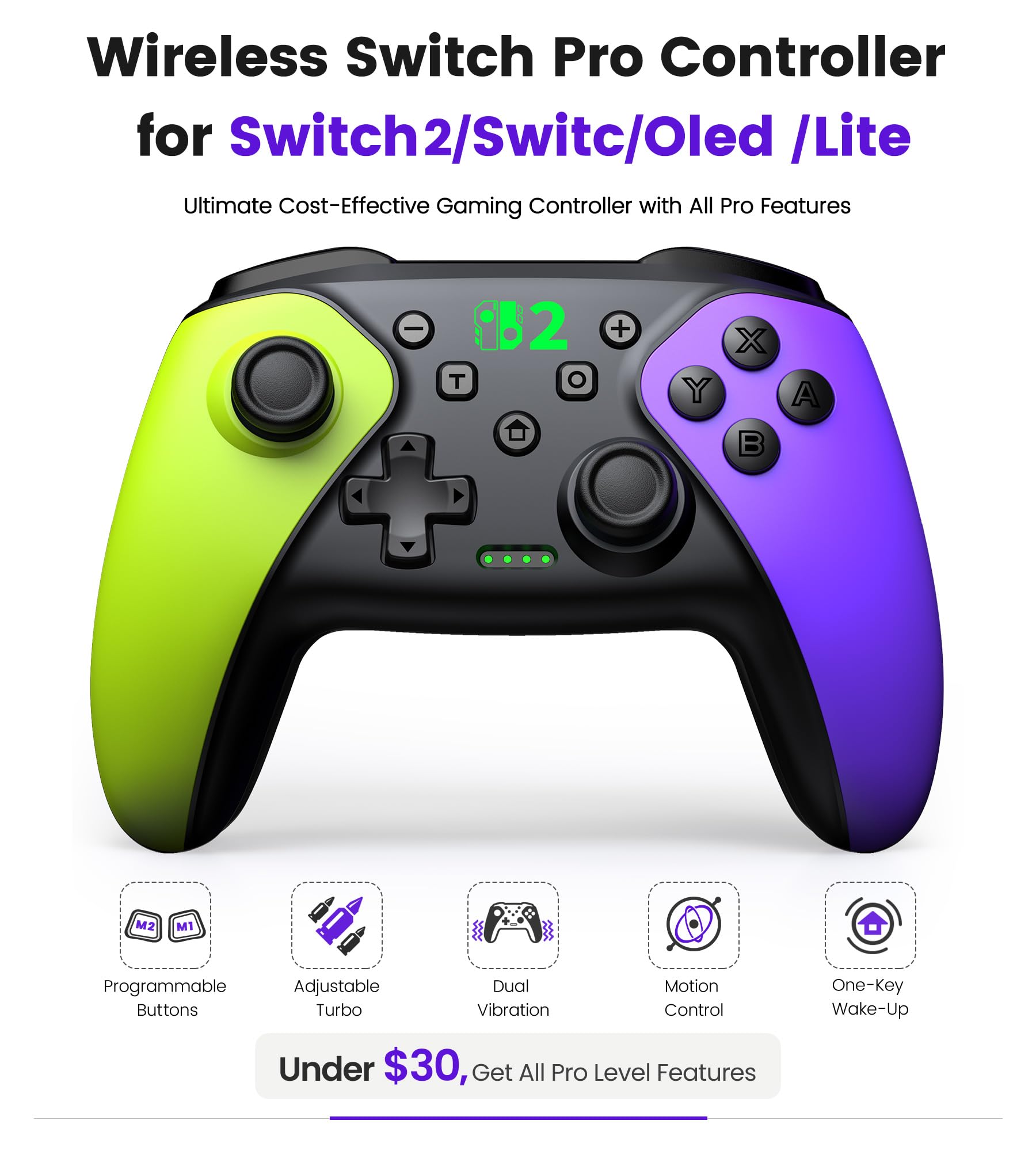 Wireless Pro Controller für Switch 2/Switch 1/Lite/OLED/Android/IOS/PC, Gamepad mit Programmierbar/6-Achsen Gyroskop/Dual Vibration/Turbo/1000mAh Akku, Ergonomisch Gestalteter Präzise Joystick - 3