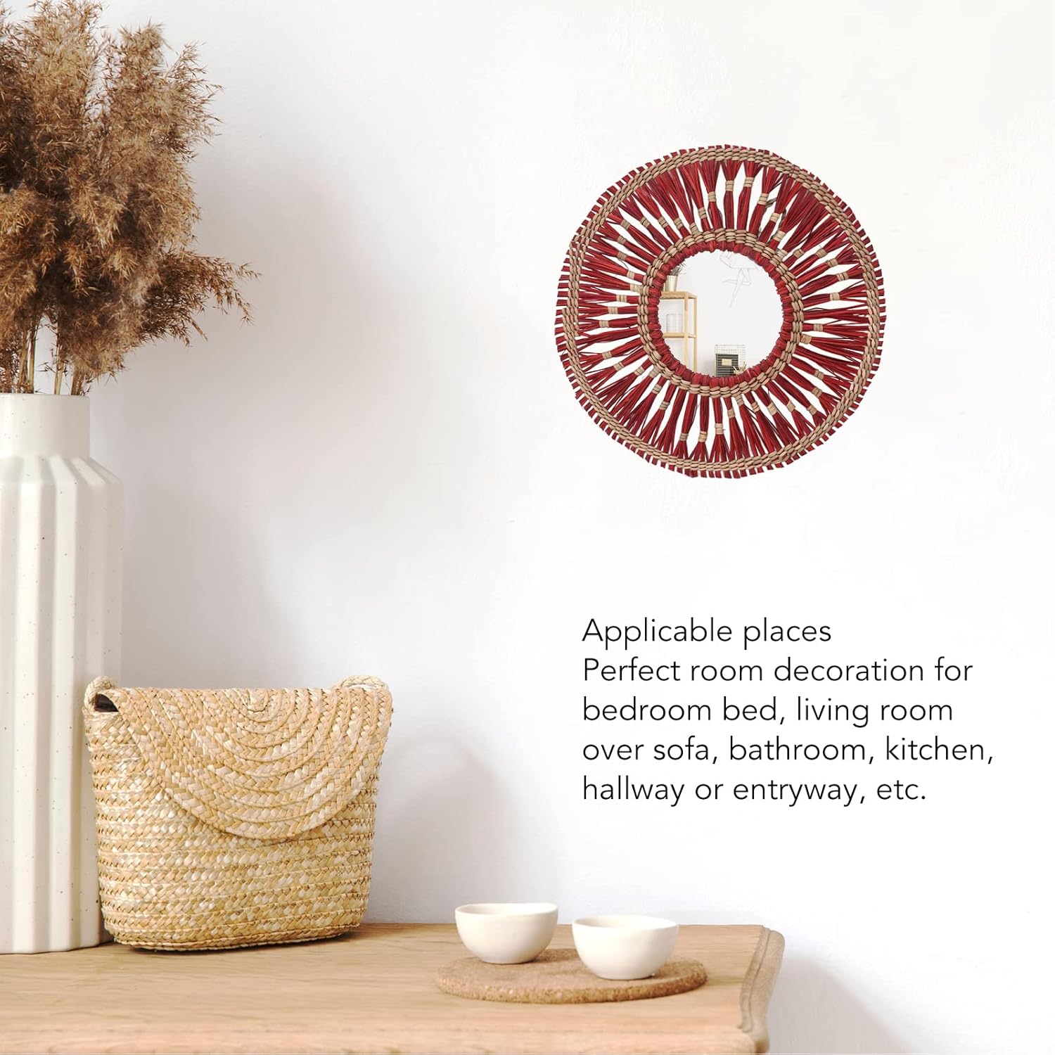 Woven Wall Mirror,Decorative Hanging Round Seagrass Wall Mirror,Boho Macrame Sea Grass Woven Mirror for Bedroom Living Room (Red)