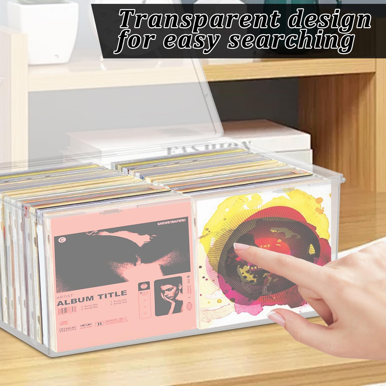 Organizador de CD apilable de plástico transparente, caja de almacenamiento de CD de 11.9 x 8.5 pulgadas, funda transparente para CD con tapas para almacenar más de 40 CD, contenedor organizador de