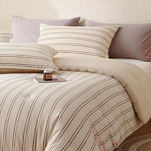 Miniatura 5 de Cyusri Juego de Edredón King de Rayas de Algodón - Ropa de Cama Suave y Ligera de 3 Piezas Conjunto de Cama Teñido con 2 Fundas de Almohada,