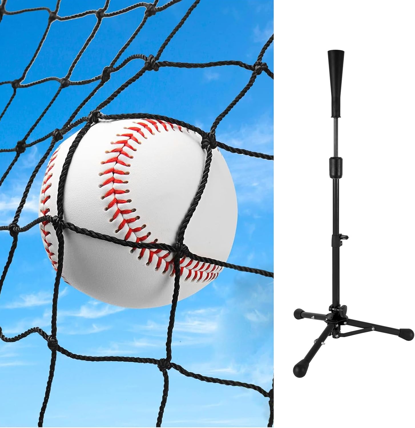 Baseball Softball Backstop Nets with 23.5 to 39.76 Inches Baseball Tee for Kids, Heavy Duty Sports Netting Barrier with Portable Stable Tanner Tee for Basball Batting and Hitting
