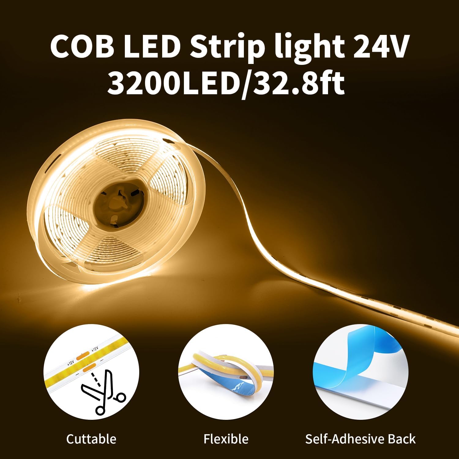 24V COB LED Strip Warmweiß, 10M LED Streifen Dimmbar CRI93+ | Breite 8mm Flexibel Schneidbar LED Strip Light für TV Hintergrundbeleuchtung Küche Schlafzimmer Deko (mit Netzteil)