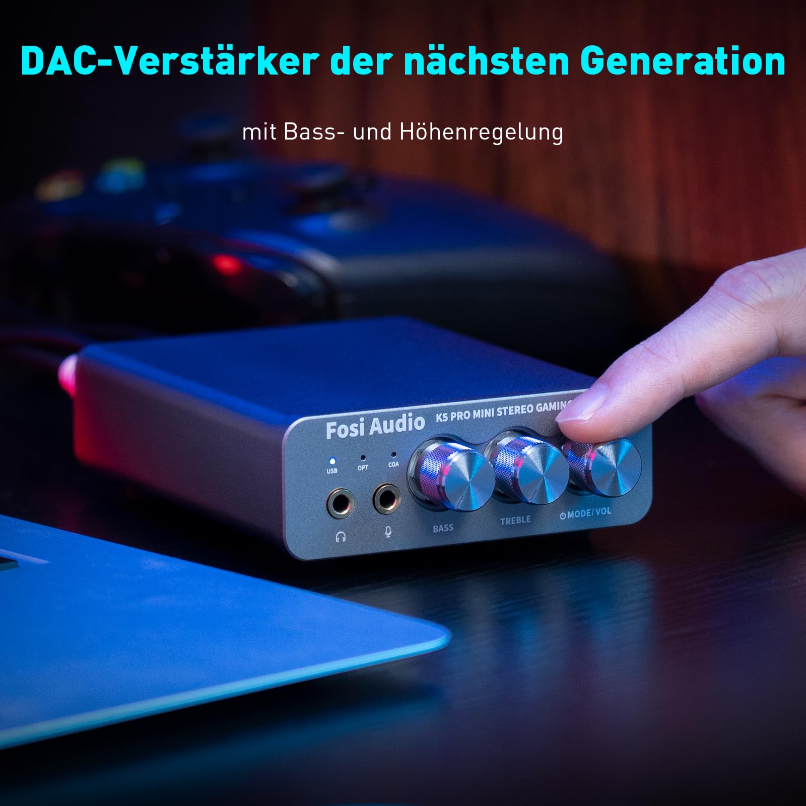 Fosi Audio K5 Pro Kopfhörerverstärker, USB C DAC Verstärker Kopfhörer HiFi, USB/Optisch/Koaxial/Mikrofon Eingänge auf 3,5 mm AUX/RCA Ausgang, Gaming DAC AMP Hi-Res für PS5/ PC/MAC/Aktive Lautsprecher