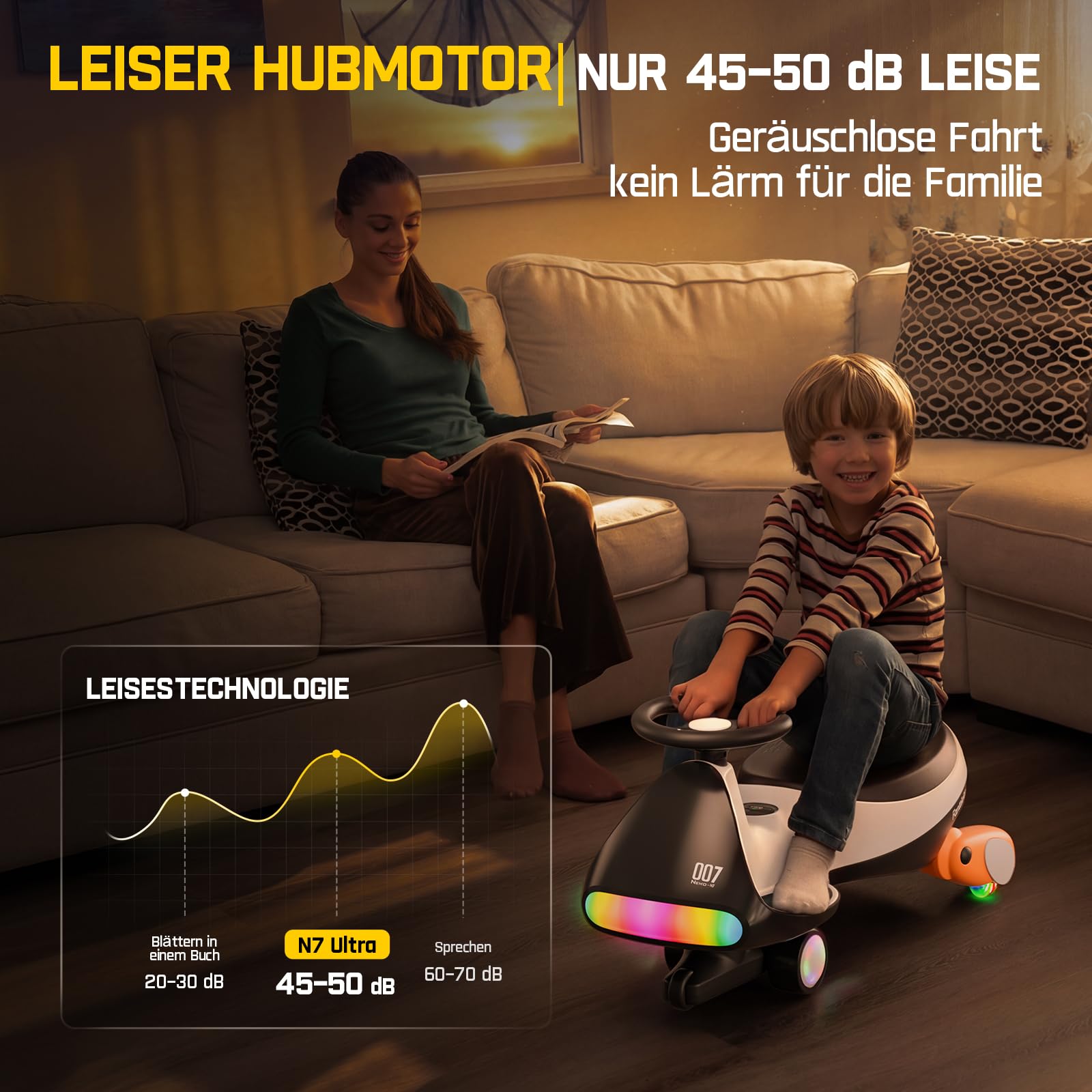 FanttikRide N7 Ultra Elektrisches Wackelauto mit wiederaufladbarem Typ-C-Akku, Ultraleise, 2 Geschwindigkeiten bis maximal 6 km/h, 9 Farbmodi, Digitalanzeige, für Kinder ab 3 Jahren, Pinguin Schwarz