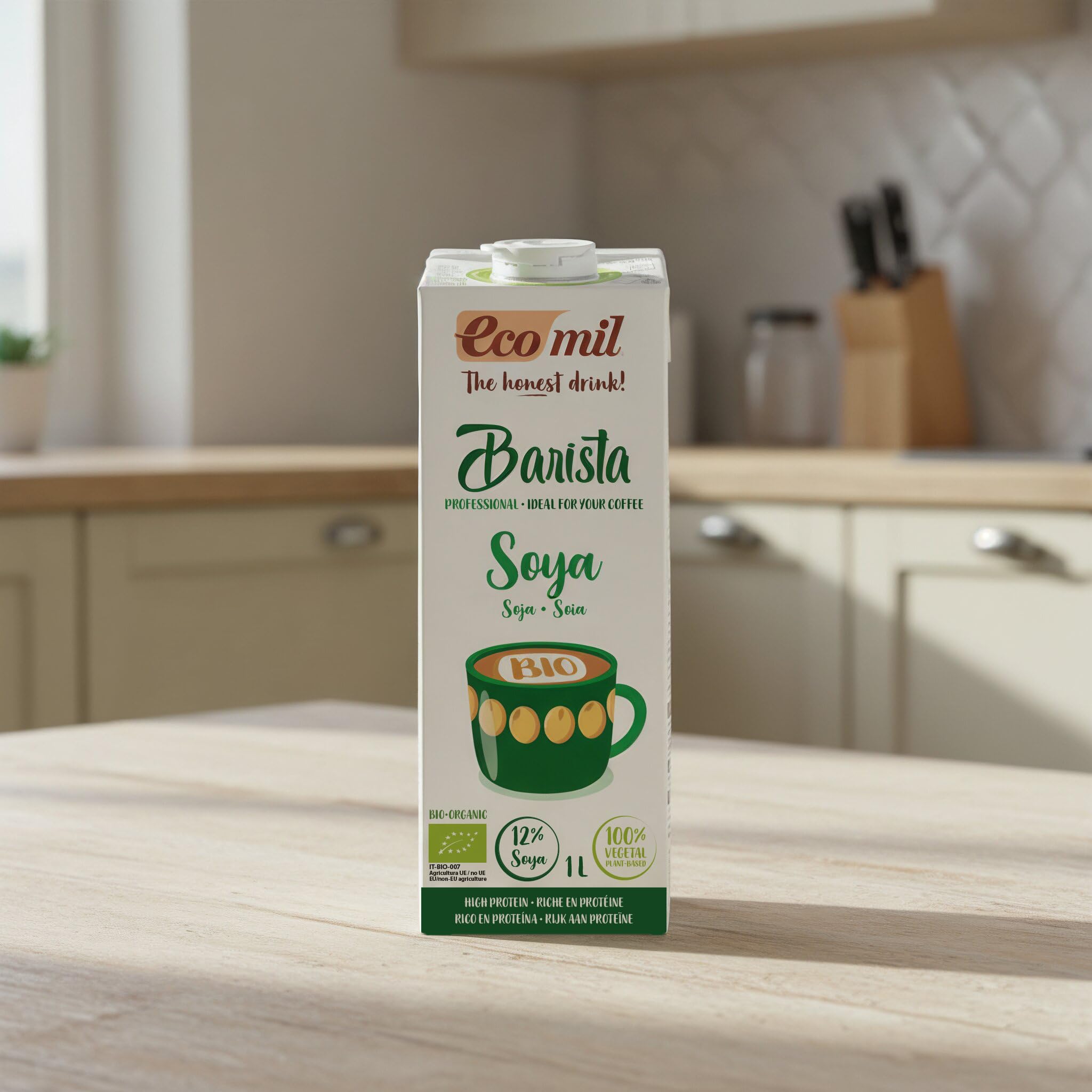 Ecomil - Bebida Vegetal de Soja Barista Bio, Pack 6 x 1 L, Sin Lactosa, Ecológica, Vegana, Bajo en Azúcares, Espuma Perfecta, Sabrosa, Ideal para Cafés