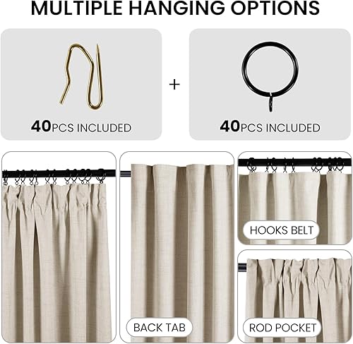 Miniatura 5 de Cortinas 100% opacas de 96 pulgadas de largo, mezcla de lino, para dormitorio, bolsillo para barra, pestaña trasera, juego de cortinas opacas para