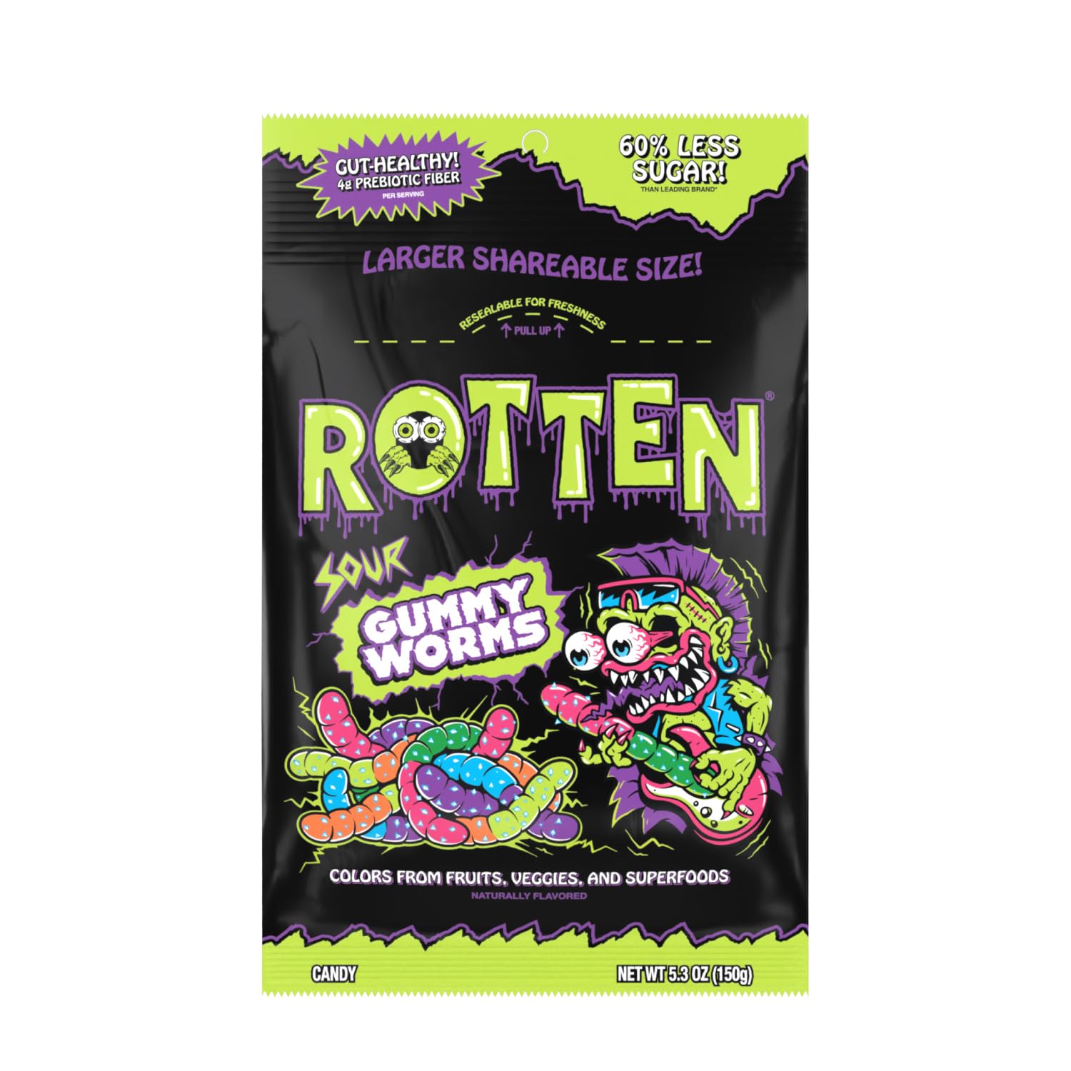 Rotten Sour Gummy Worms - Low Sugar, Low Calorie, 7g Gut-Friendly Prebiotic Fiber and 3g Protein, Gluten Free Candy - 5.3 oz Share Pack