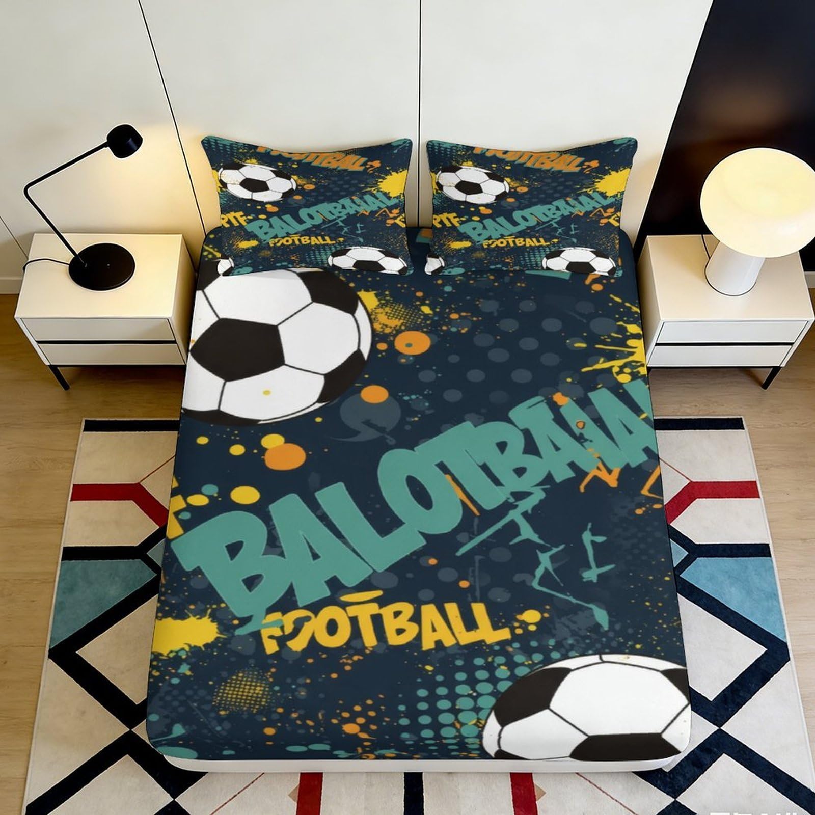 Uynsixtme Style-3 3D Printed Football Theme Fitted Sheet Microfiber Deep Pocket Non-Slip Bedroom Bedding Football Mattress Fitted Cover For Adults Teens 200X200x25cm