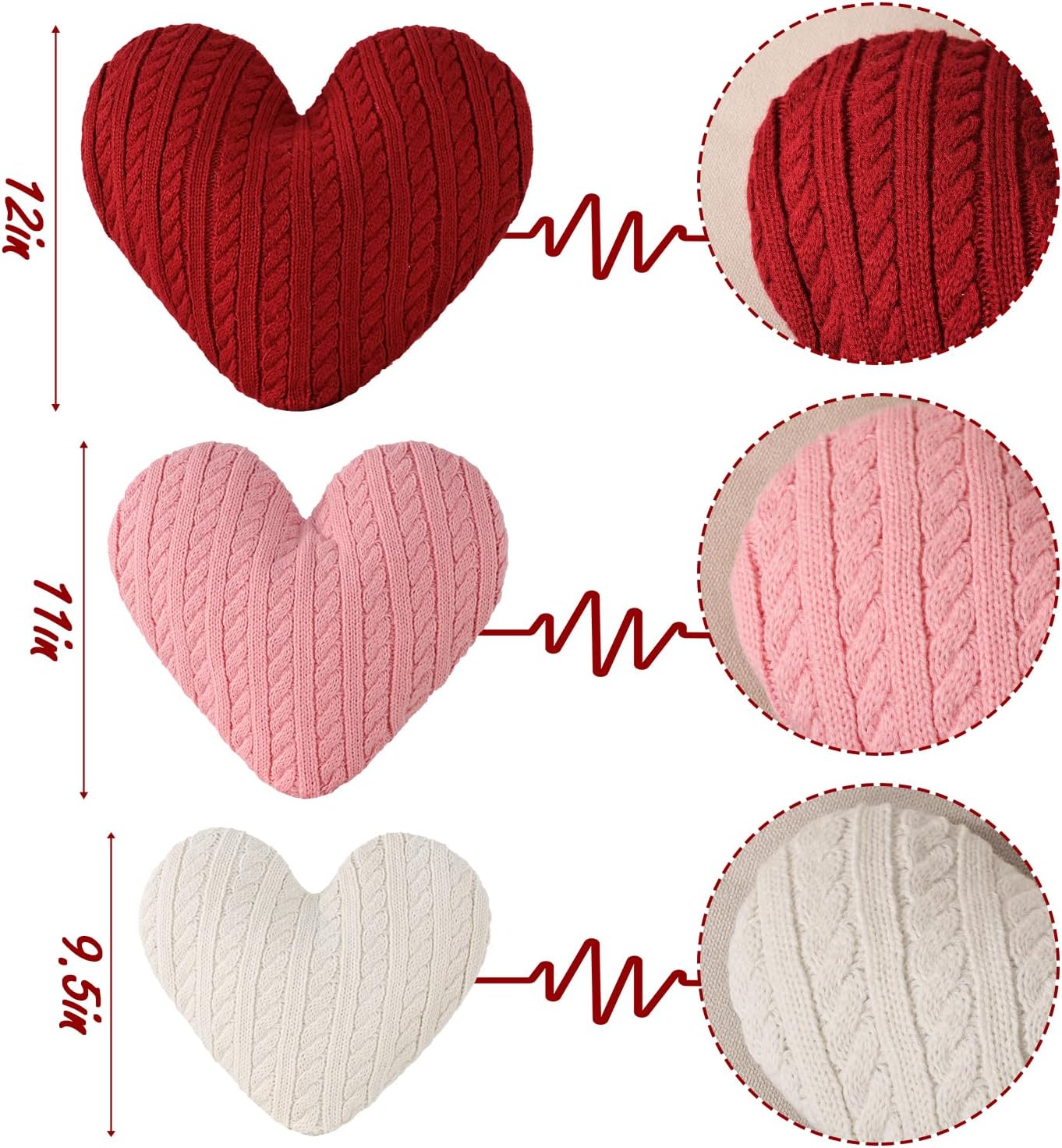 Valentine Pillows: 3 Pack Cable Knit Textured Heart Throw Pillows, Soft Cushions Valentines Pillows, Romantic Gifts Valentines Decorations for Bedroom, Living Room, Sofa, Couch