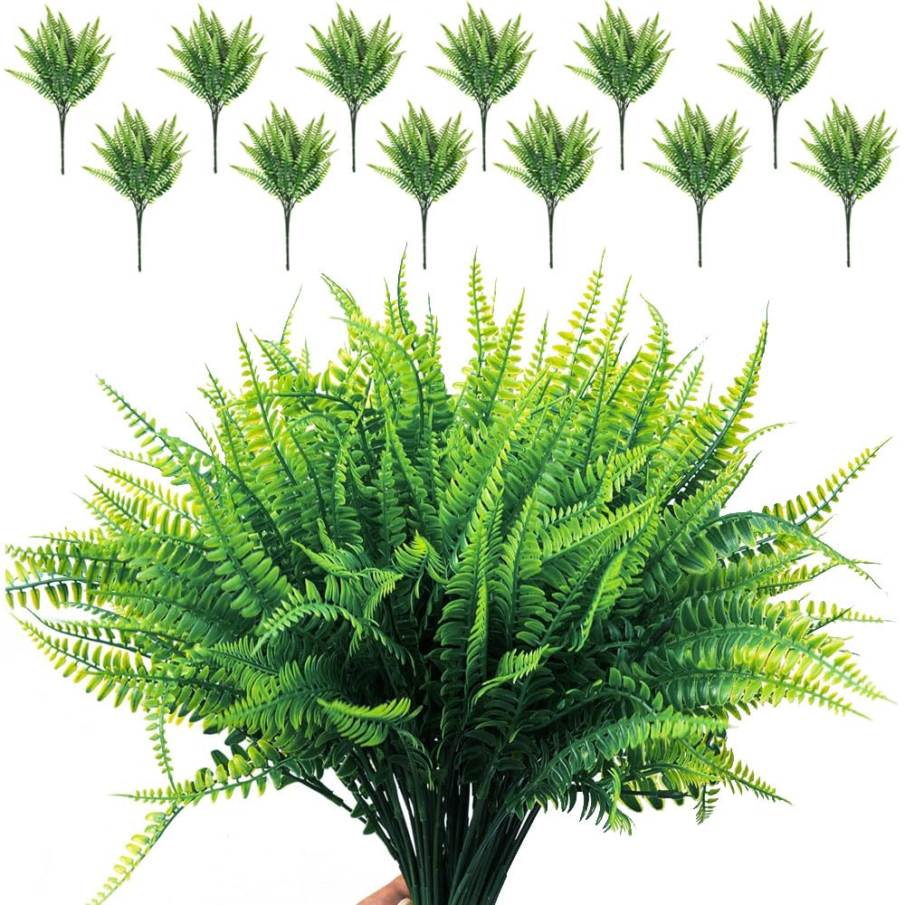HOOTO 12 Bundles Artificial Boston 43cm Long Fake Fern Plants Greenery Outdoor UV Resistant Fake Plants Shrubs Plastic Plant for Outdoor Indoor Home Garden Décor Green