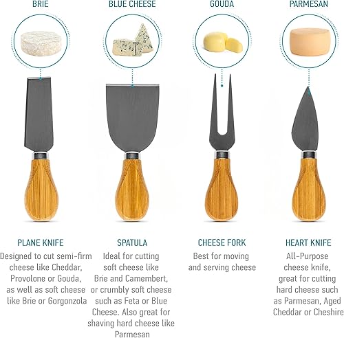 Miniatura 9 de BlauKe Juego de tabla de queso y cuchillos de bambú de 14 x 11 pulgadas, tabla de cortar queso de madera, bandeja de servir, juego de tabla de