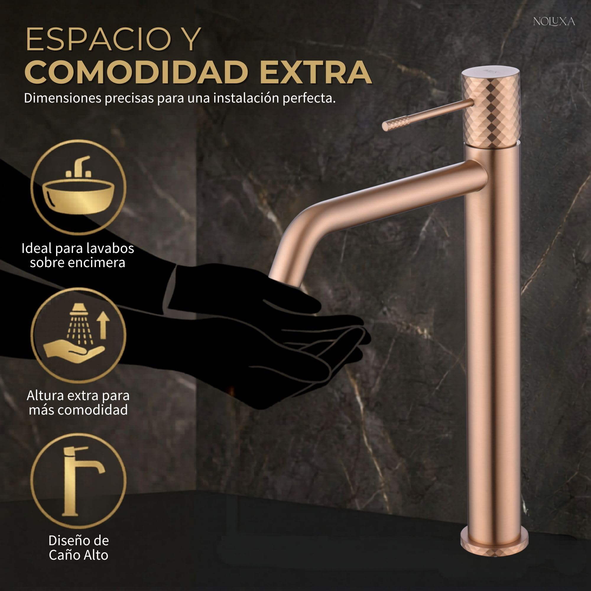 IMEX - Robinet Lavabo Or Rose Bec Haut | Robinet Salle de Bain Mitigeur Eau Froide et Chaude | Robinetterie Monocommande Effet Cascade avec Bec en Laiton et Économie D'Eau | Série Gênes