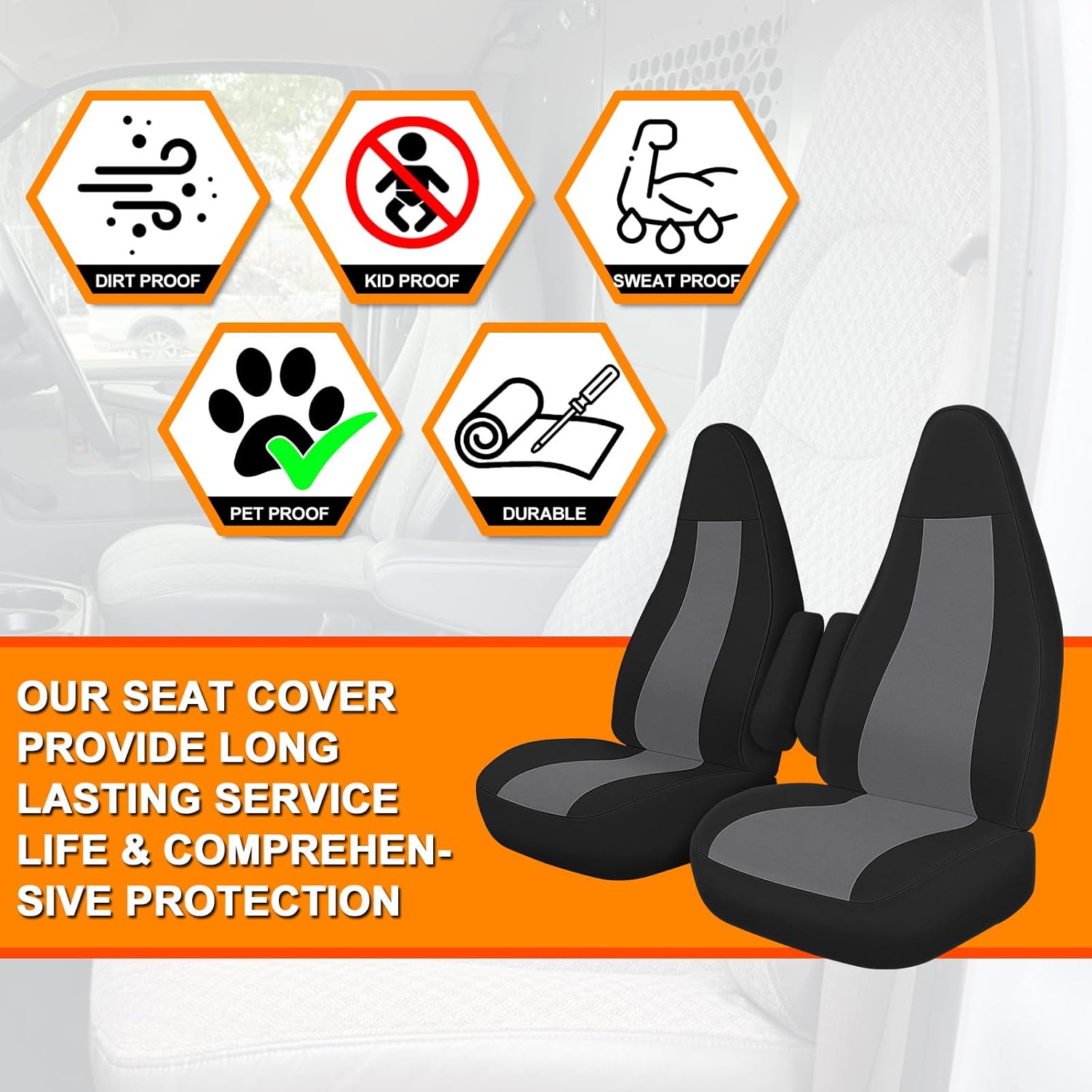 Seat Cover Compatible with 1996-2009 Chevy Express & GMC Savanna, Front Captain Chairs with Molded Headrests & Inside Armrest, Black and Charcoal