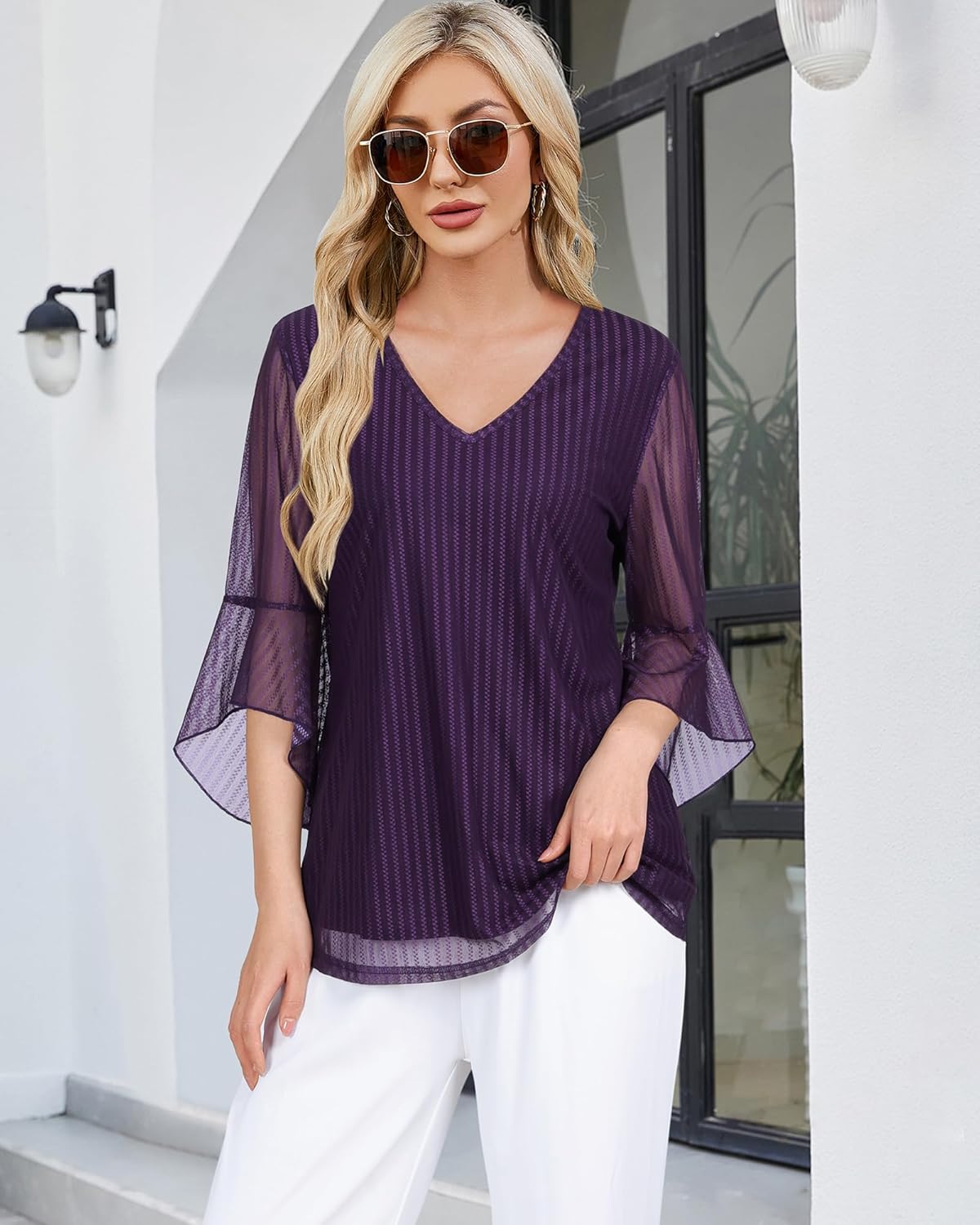 Lotusmile Women's Fancy Blouses Double Layers Mesh Dressy Tops 3/4 Ruffle Bell Sleeve Shirts - Image 5