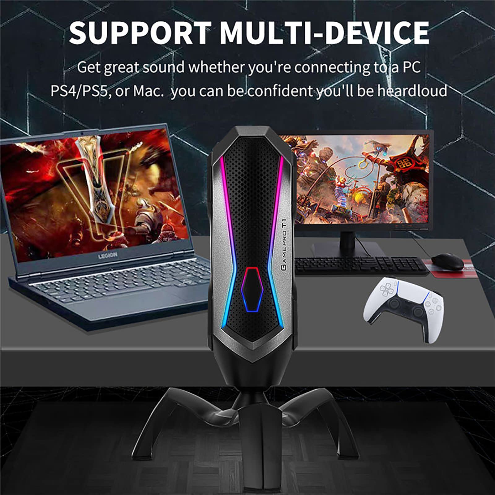 Microfono a Condensatore RGB, Microfono Con Supporto Cardioide USB Da Gioco Con Fantastica Illuminazione RGB, Regolazione Della Rotazione a 360° Per Giochi/streaming/registrazione