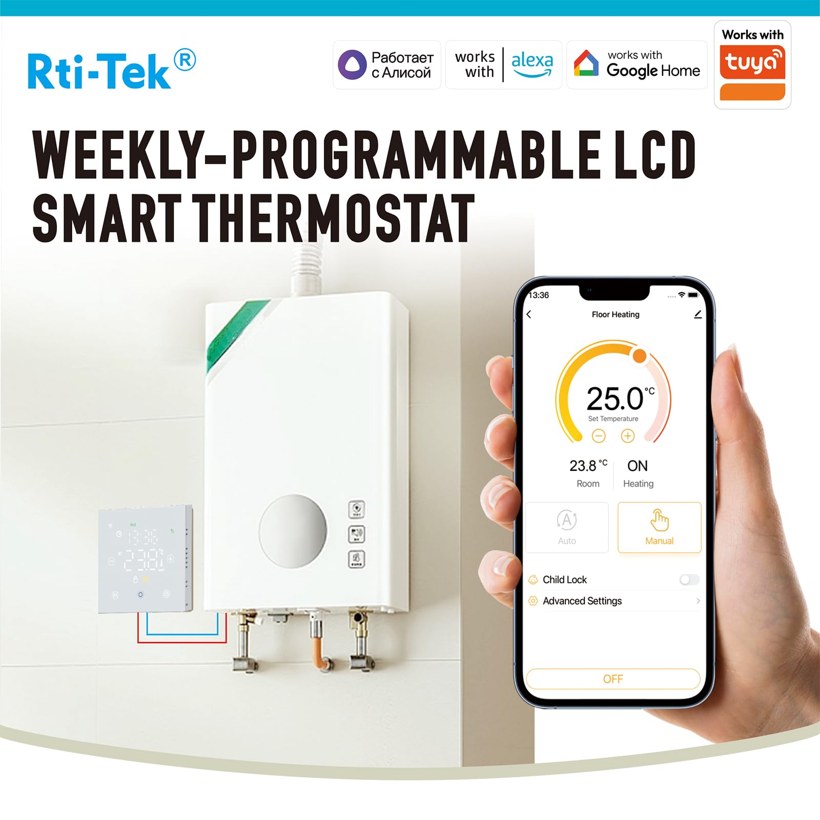 Smart WiFi Termostato Regolatore di temperatura per riscaldamento a pavimento Elettrico Funziona con Alexa Google Home, con una lente a bordo curvo 2.5D