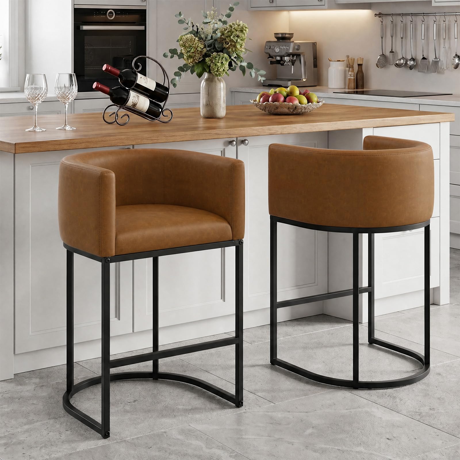 KRAMZMING Counter Height Bar Stools Set Of 2, Modern Counter Stools for Dining Room, 24 Inch Barstools for Kitchen Island, Faux Leather Bar Stool with Metal Legs and Back Footrest, Brown