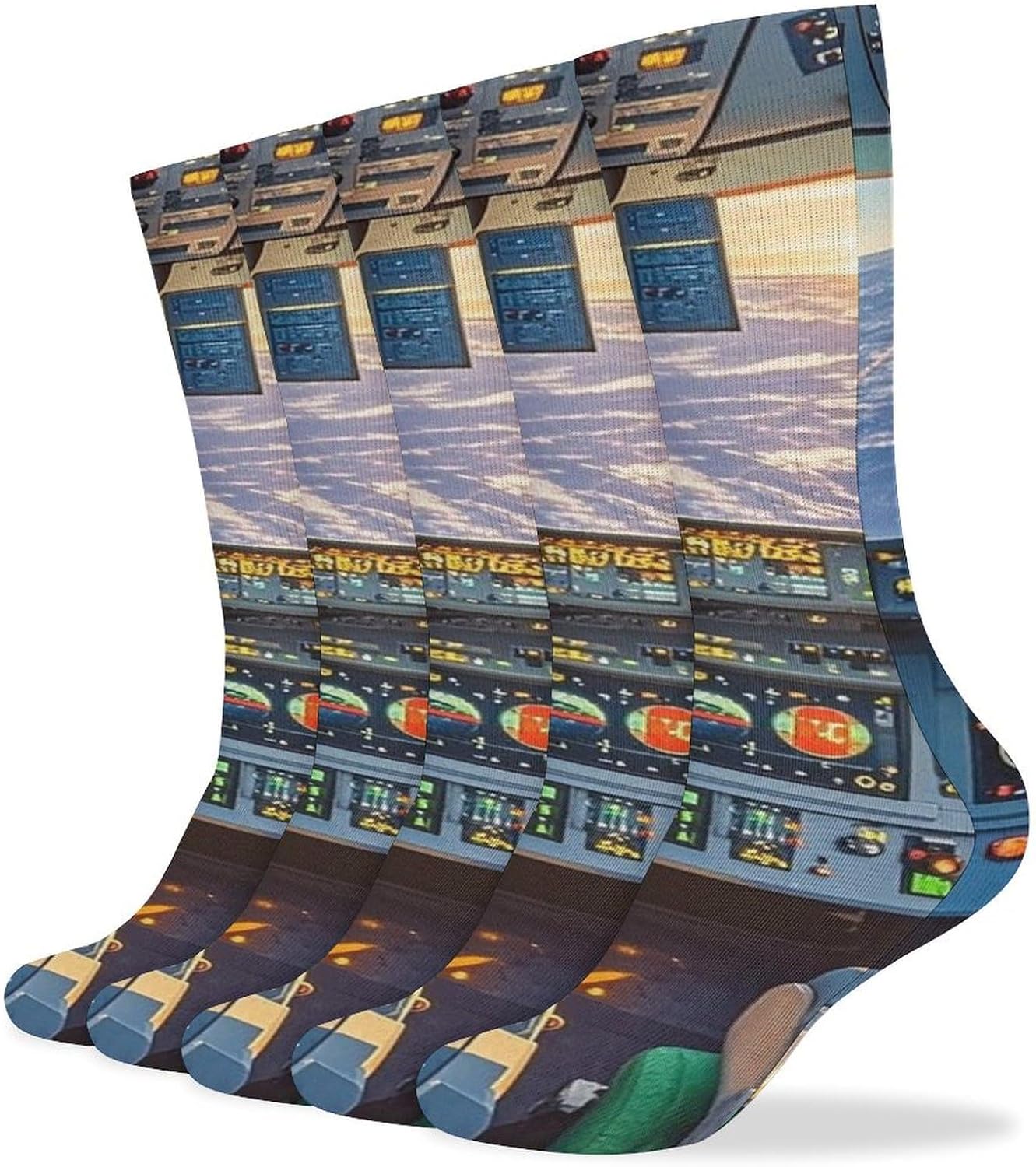 5-Pack Knee High Socks, 15.7 Inch Breathable Casual Socks Airplane Cockpit And Sunrise Stockings for Men Women