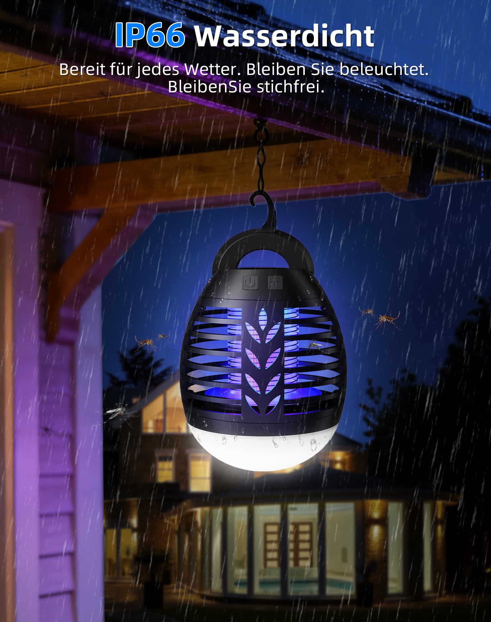 Insektenvernichter Campinglampe Outdoor, LED Mückenlampe USB Wiederaufladbar 2-In-1 Moskitokiller Lampe mit LED Licht, 3 Beleuchtungsmodi, Wasserdicht UV Mückenschutz für Camping, Zelt, Garten