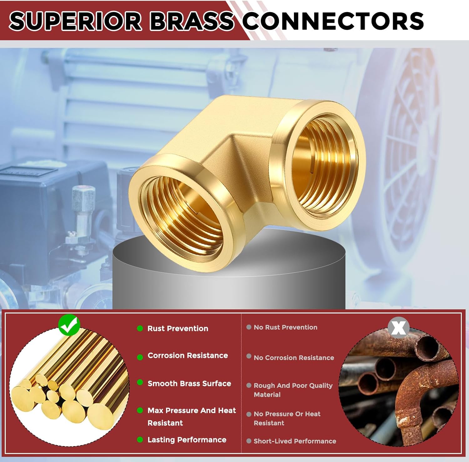 Pack of 5, 90 ° 1/2" NPT FeMale to 1/2" NPT FeMale Solid Brass Barstock Street Elbow, Forged Pipe Fitting for Pipe Leak Repair, Bathroom Remodeling, Tool Extension, Compression