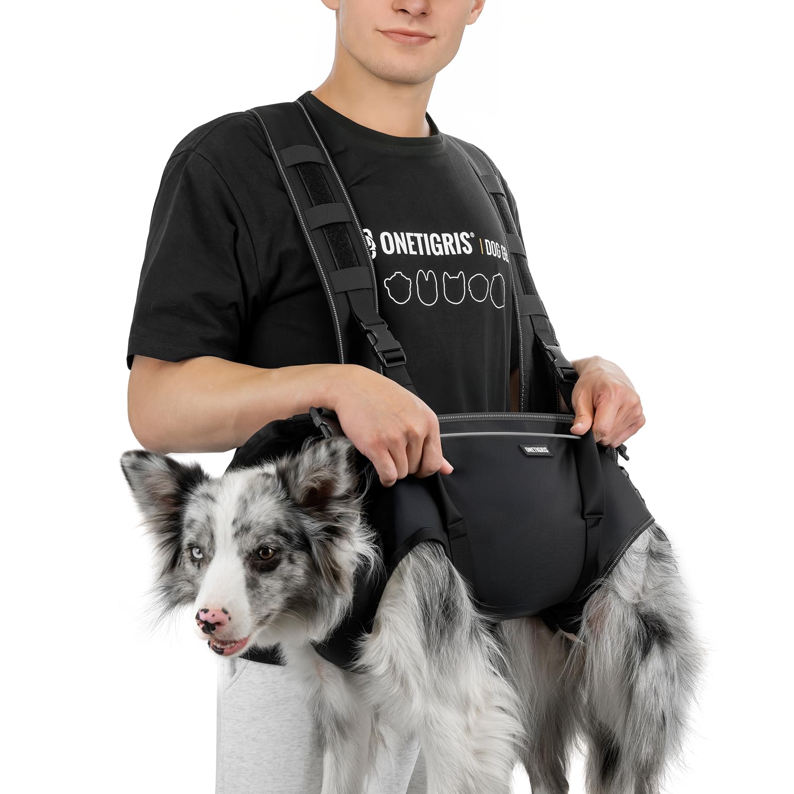 OneTigris Imbracatura per cani, SUPPORT RIDGE: ausilio per il trasporto all'aperto per escursioni, emergenze e cani anziani, con manici imbottiti e design a croce, Nero, Taglia S