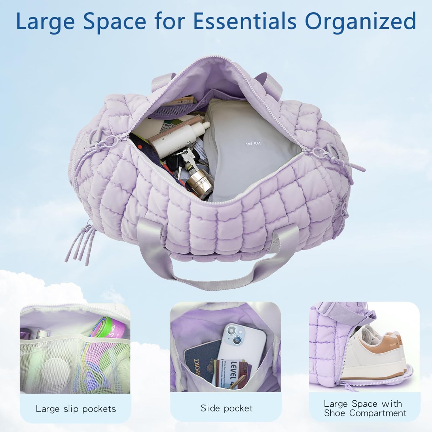 Quilted Gym Bag for Women,Duffle Bag for Travel with Wet Pocket,Carry on Weekender Bags for Women,Travel Bag with Shoe Compartment (Light purple) - Image 3