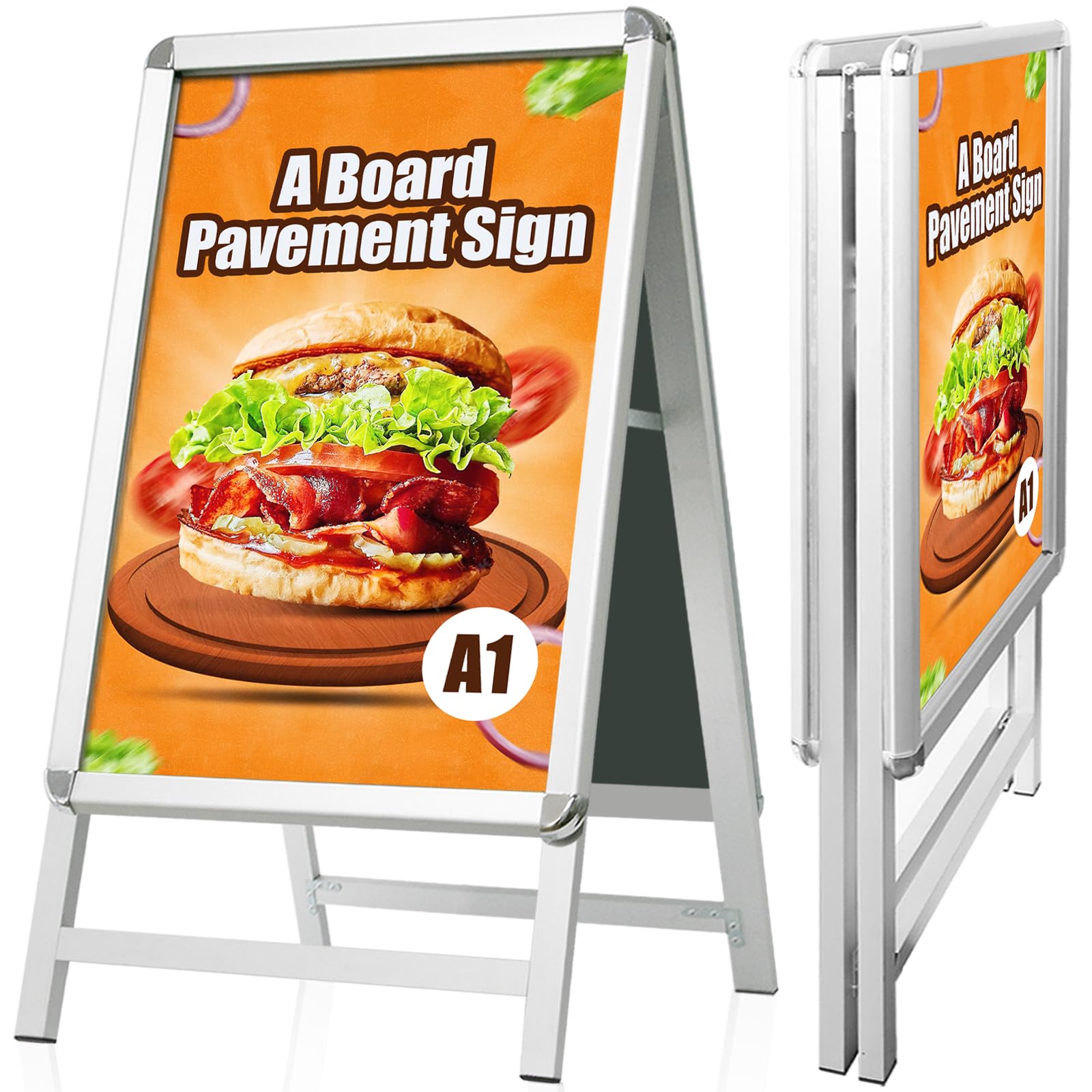 A Board Pavement Sign Frame - A1 Double Side Pavement Board with Aluminum Snap Frame Sign Stand for Outdoor Heavy Duty Poster Menu Stand Advertising Display Stand, Silver