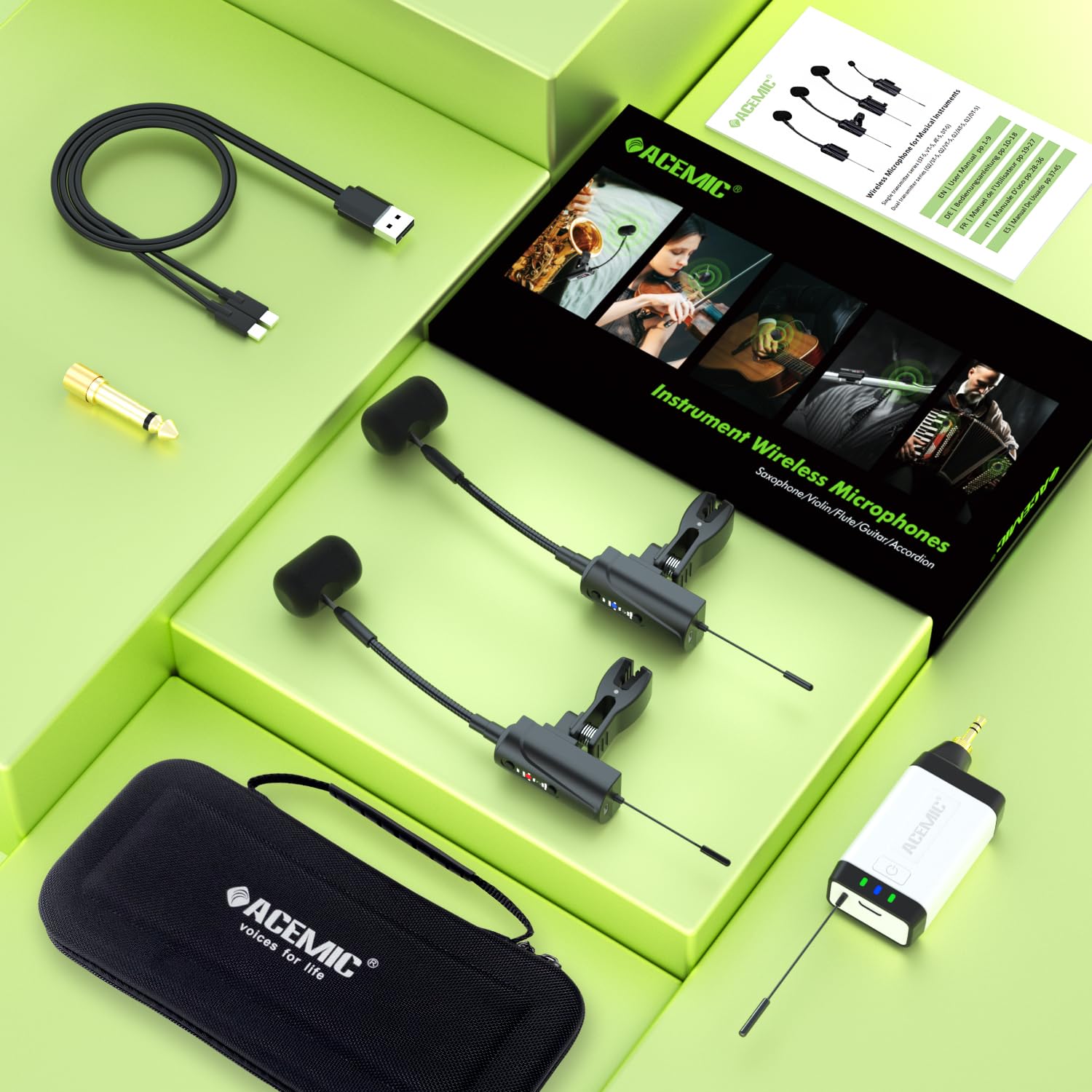 Doppio Microfono Wireless per Sassofono UHF per Strumento con Condensatore UHF, Microfono a Clip con 1 Ricevitore e 2 Trasmettitori, per Sassofono, Corno Francese, Tromba, Trombone, Q2/ST-5