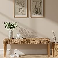AVCONNECT 47-Inch Solid Acacia Wood Bench with Water Hyacinth Woven Seat - Farmhouse Entryway Bedroom Living Room Bench