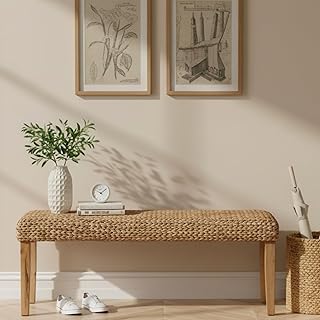 Solid Wood Acacia Indoor Bench with Natural Woven Seat, 47