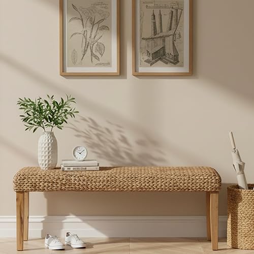 Solid Wood Acacia Indoor Bench with Natural Woven Seat, 47 Inch Wood Bench for Living Room or Entryway Benc, Bedroom End of Bed Bench or Dining Benches, Window Bench (Fishbone, Water Hyacinth)